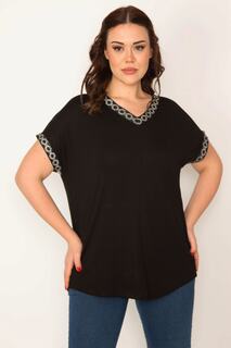 Женская черная блузка большого размера с v-образным вырезом и блестками Şans, черный