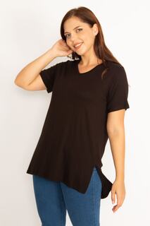 Женская черная блузка большого размера с v-образным вырезом и боковым разрезом 65n34799 Şans, черный