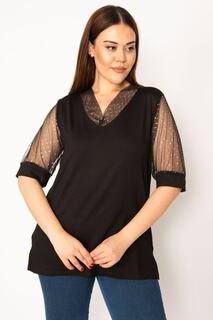 Женская черная блузка большого размера с тюлем и каменными деталями на рукавах и воротнике 65n33345 Şans, черный