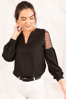 Женская черная блузка из тюля с v-образным вырезом и рукавами-баллонами armonika, черный