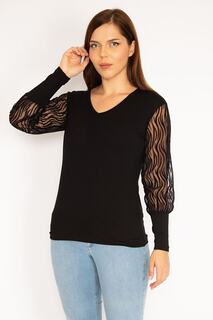 Женская черная блузка из флока большого размера с деталями 65n35329 Şans, черный