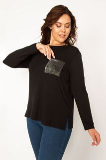 Женская черная блузка с блестящими карманами большого размера с круглым вырезом 65n33897 Şans, черный