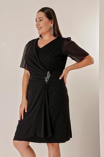 Платье больших размеров с люрексом, шифоновой деталью, присборкой спереди и на подкладке By Saygı, черный