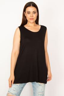 Женская черная вискозная блузка без рукавов большого размера с круглым вырезом 65n33353 Şans, черный