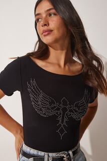 Женская черная вязаная футболка из вискозы с вышивкой Wing Happiness İstanbul, черный