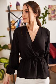 Женская черная двубортная блузка с эластичными рукавами и талией armonika, черный