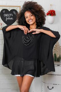 Женская черная двухслойная блузка оверсайз с круглым вырезом и низкими рукавами Chiccy, черный
