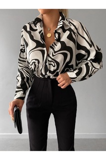 Женская черная длинная базовая рубашка оверсайз с рисунком armonika, черный