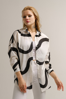 Женская черная длинная базовая рубашка оверсайз с рисунком armonika, черный
