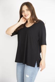 Женская черная двухслойная блузка из лайкры с короткими рукавами больших размеров спереди Şans, черный