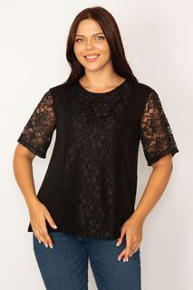 Женская черная кружевная блузка большого размера с деталями 65n34187 Şans, черный