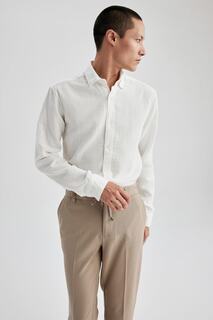 Текстурированная рубашка из 100 % хлопка с длинными рукавами и воротником-поло современного кроя DeFacto, белый