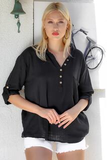 Женская черная свободная блузка с карманами на пуговицах и детальными рукавами, регулируемая свободная блузка Chiccy, черный