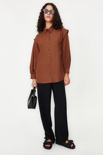 Темно-коричневая рубашка из хлопчатобумажной ткани с объемными рукавами Trendyol Modest, коричневый