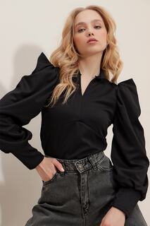 Женская черная тканая укороченная блузка с длинным воротником и рукавами принцессы ALC-X9659 Trend Alaçatı Stili, черный