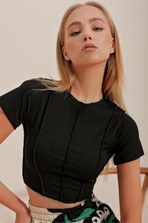 Женская черная трикотажная блузка с круглым вырезом и прострочкой спереди Trend Alaçatı Stili, черный
