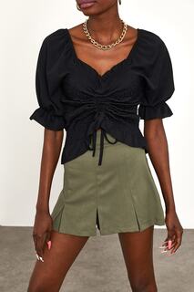 Женская черная трикотажная блузка со сборками спереди XHAN, черный