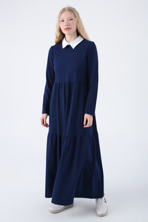 Темно-синее хлопковое трикотажное платье с рубашечным воротником и карманами с рюшами ALLDAY, темно-синий