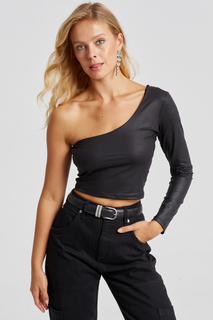 Женская черная укороченная блузка из искусственной кожи на одно плечо CY442 Cool &amp; Sexy, черный