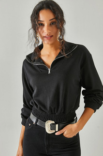 Женская черная укороченная блузка на молнии с высоким воротником Olalook, черный