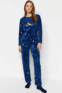 Темно-синий вязаный пижамный комплект из футболки и брюк с вышивкой «Полярная звезда» Trendyol