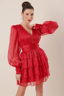 Платье из органзы с V-образным вырезом и рюшами, красное By Saygı, красный