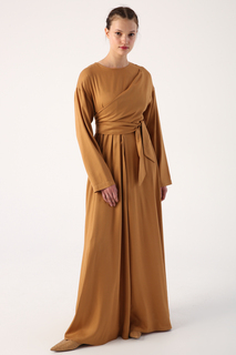 Платье из вискозы светло-коричневого цвета с круглым вырезом и завязкой на талии ALLDAY, коричневый