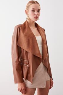 Кожаная куртка с воротником-шалью и застежкой-молнией Vitrin, коричневый