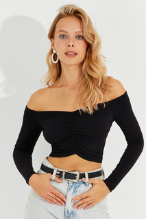 Женская черная укороченная блузка с v-образным вырезом и сборкой спереди B1977 Cool &amp; Sexy, черный
