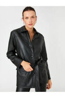 Кожаная куртка оверсайз с рубашечным воротником и поясом Koton, черный