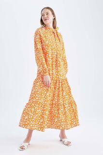Платье из поплина с цветочным принтом и длинными рукавами, полуводолазка свободного кроя DeFacto, оранжевый