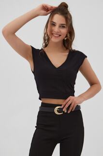 Женская черная укороченная блузка с v-образным вырезом в рубчик Pattaya, черный