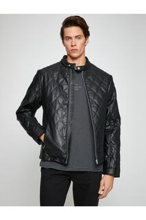 Кожаная куртка-бомбер с воротником-бомбером и стегаными карманами, водонепроницаемая с подробными деталями Koton, черный
