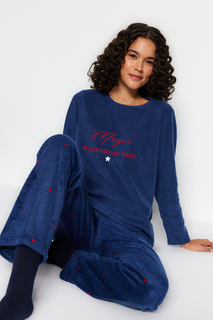 Темно-синий флисовый трикотажный пижамный комплект с вышивкой в виде звезды и футболки Trendyol