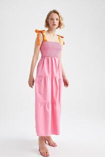 Платье макси из 100% хлопка из поплина с квадратным вырезом и бретельками DeFacto, розовый