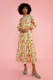 Платье макси из поплина с круглым вырезом и цветочным принтом стандартного кроя и длинными рукавами DeFacto, бирюзовый