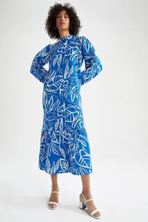Платье макси А-силуэта с цветочным узором и длинными рукавами DeFacto, синий