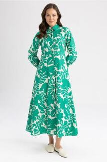 Платье макси с длинным рукавом и воротником-рубашкой с цветочным принтом DeFacto, зеленый