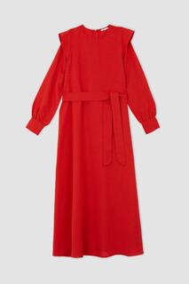 Платье макси стандартного кроя с круглым вырезом, поясом и длинными рукавами из смесового льна DeFacto, красный