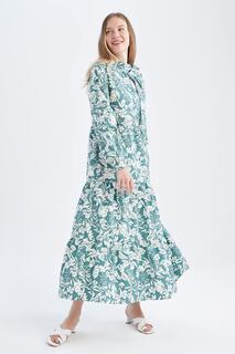 Платье макси с длинным рукавом и цветочным принтом Relax Fit, полуводолазка DeFacto, разноцветный