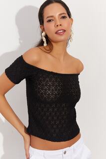 Женская черная укороченная блузка с фестонами İZ11U Cool &amp; Sexy, черный