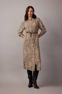Платье миди с длинными рукавами и леопардовым узором DeFacto, бежевый