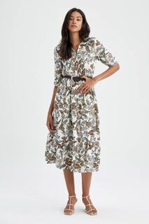 Платье миди с длинным рукавом и воротником-рубашкой с тропическим узором и половиной рукава DeFacto, бирюзовый