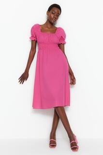 Тканое платье миди цвета фуксии с квадратным вырезом TWOSS22EL1768 Trendyol, розовый