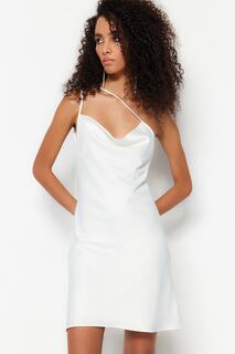 Тканое атласное атласное платье на подкладке цвета экрю с блестящим камнем, элегантное вечернее платье для свадьбы/свадьбы Trendyol