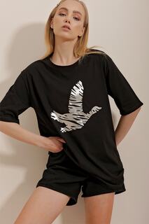 Женская черная футболка оверсайз с круглым вырезом и принтом птиц Trend Alaçatı Stili, черный