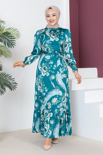 Платье с детализацией на конце рукава TSD230605 Изумрудно-зеленый Tesettür Dünyası