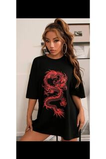 Женская черная футболка с принтом «Красный дракон» MOONBULL, черный