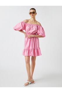 Платье с объемными рукавами, вырезом «лодочка» и рюшами, поплин Koton, розовый