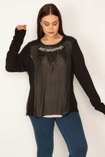 Женская черная шифоновая блузка большого размера на подкладке с камнями и воротником Şans, черный